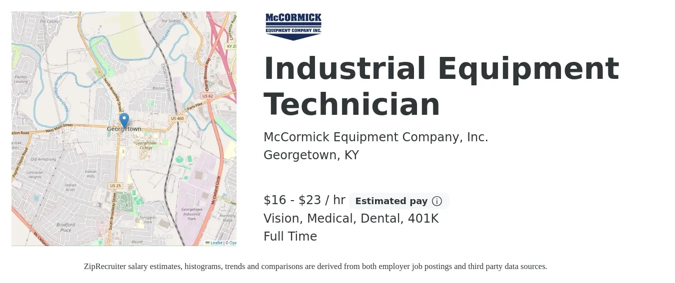 McCormick Equipment Company, Inc. job posting for a Industrial Equipment Technician in Georgetown, KY with a salary of $17 to $24 Hourly and benefits including life_insurance, medical, vision, 401k, and dental with a map of Georgetown location.