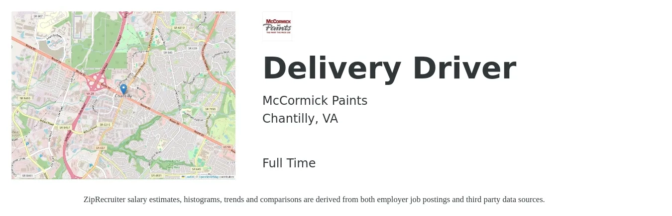 McCormick Paints job posting for a Delivery Driver in Chantilly, VA with a salary of $17 to $20 Hourly with a map of Chantilly location.