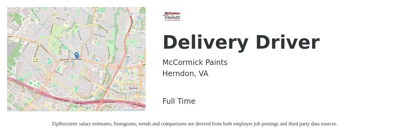 McCormick Paints job posting for a Delivery Driver in Herndon, VA with a salary of $17 to $19 Hourly with a map of Herndon location.