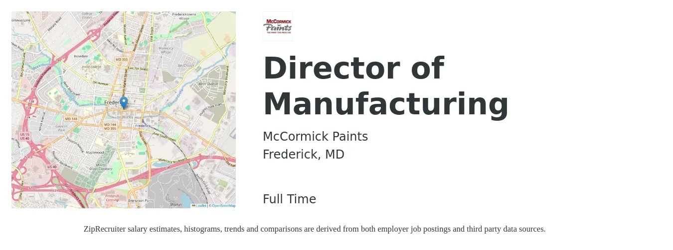 McCormick Paints job posting for a Director of Manufacturing in Frederick, MD with a salary of $110,900 to $166,000 Yearly with a map of Frederick location.
