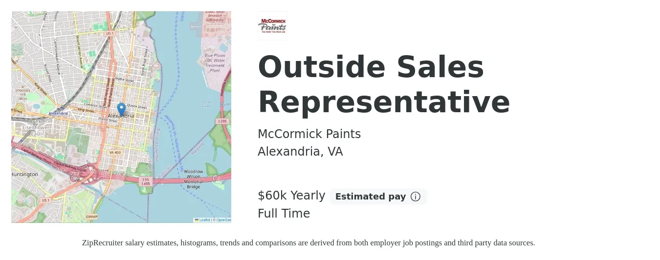 McCormick Paints job posting for a Outside Sales Representative in Alexandria, VA with a salary of $60,000 Yearly with a map of Alexandria location.
