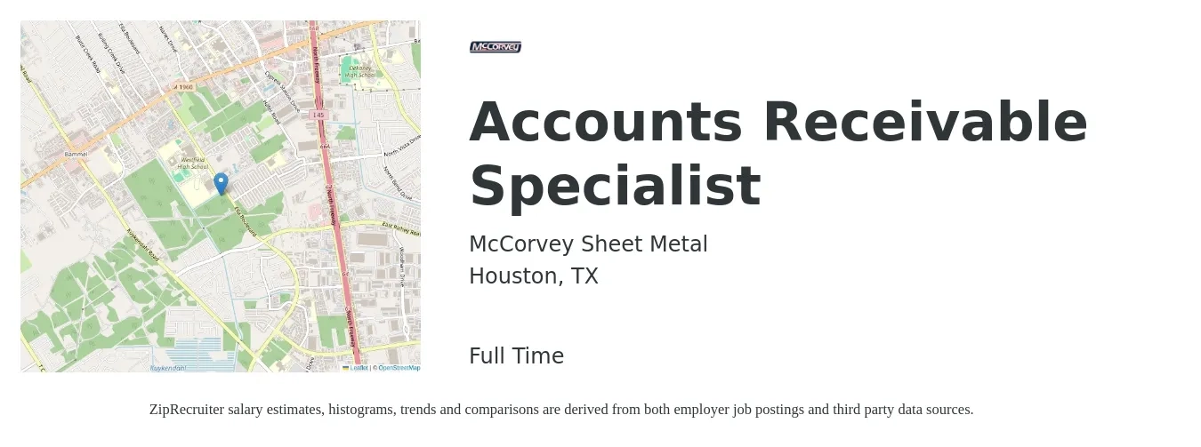 McCorvey Sheet Metal job posting for a Accounts Receivable Specialist in Houston, TX with a salary of $19 to $26 Hourly with a map of Houston location.