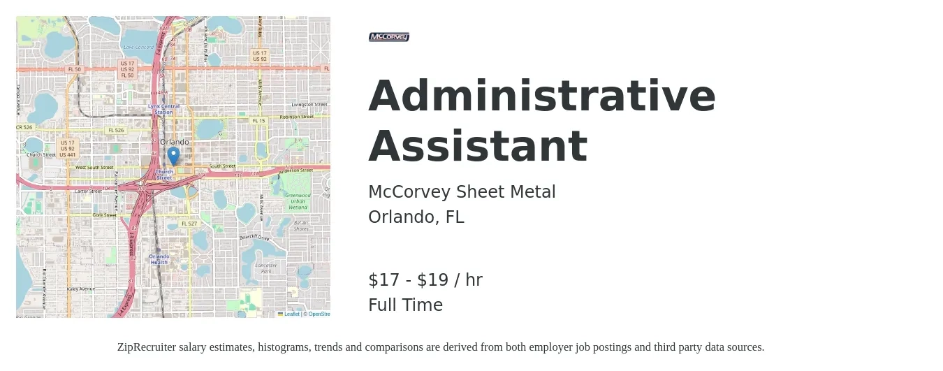 McCorvey Sheet Metal job posting for a Administrative Assistant in Orlando, FL with a salary of $18 to $20 Hourly with a map of Orlando location.