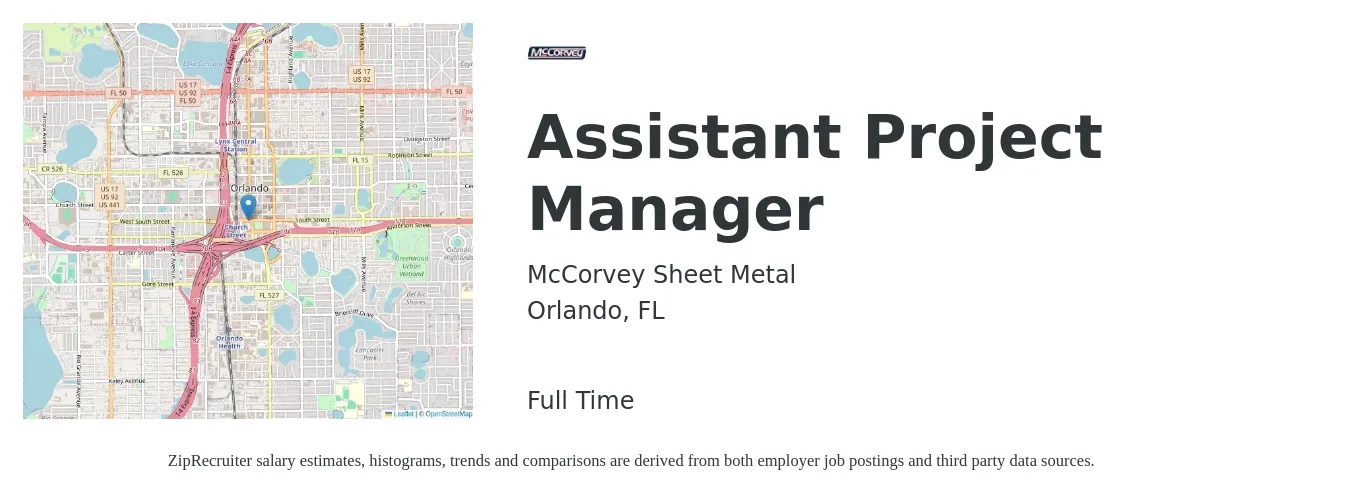McCorvey Sheet Metal job posting for a Assistant Project Manager in Orlando, FL with a salary of $49,900 to $82,100 Yearly with a map of Orlando location.