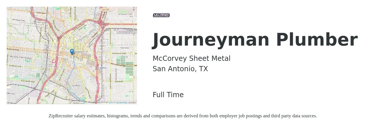 McCorvey Sheet Metal job posting for a Journeyman Plumber in San Antonio, TX with a salary of $26 to $36 Hourly with a map of San Antonio location.