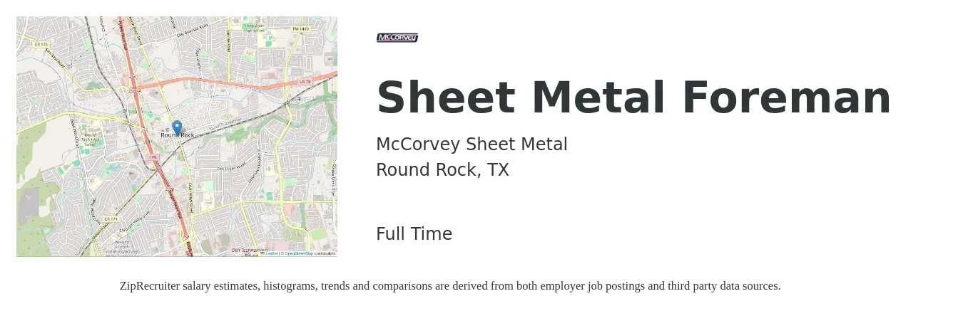 McCorvey Sheet Metal job posting for a Sheet Metal Foreman in Round Rock, TX with a salary of $26 to $36 Hourly with a map of Round Rock location.