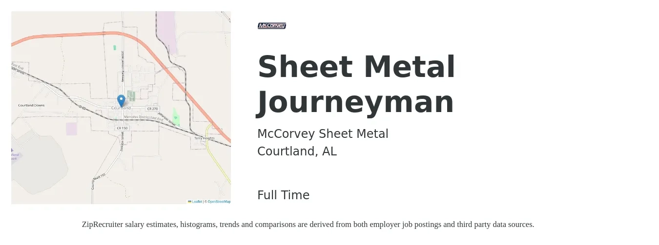 McCorvey Sheet Metal job posting for a Sheet Metal Journeyman in Courtland, AL with a salary of $28 to $36 Hourly with a map of Courtland location.