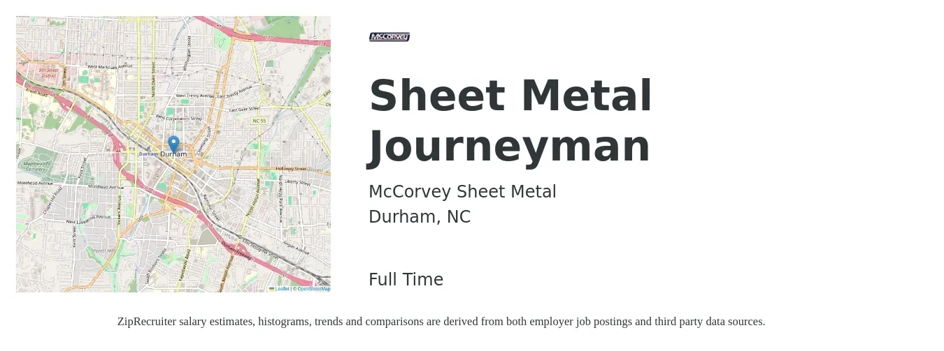 McCorvey Sheet Metal job posting for a Sheet Metal Journeyman in Durham, NC with a salary of $25 to $31 Hourly with a map of Durham location.