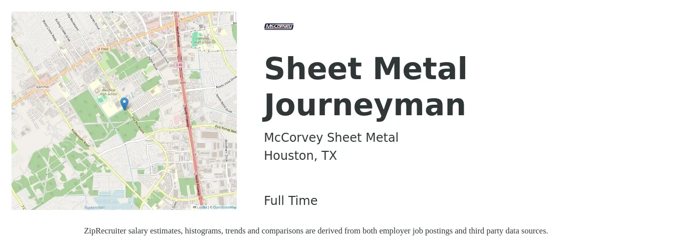 McCorvey Sheet Metal job posting for a Sheet Metal Journeyman in Houston, TX with a salary of $24 to $31 Hourly with a map of Houston location.