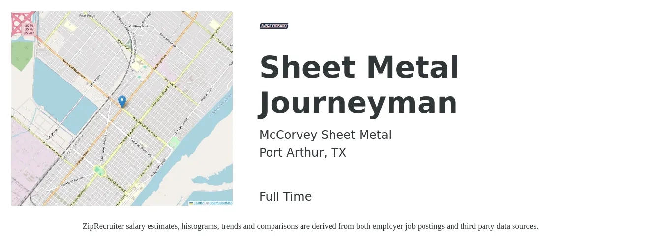 McCorvey Sheet Metal job posting for a Sheet Metal Journeyman in Port Arthur, TX with a salary of $22 to $27 Hourly with a map of Port Arthur location.