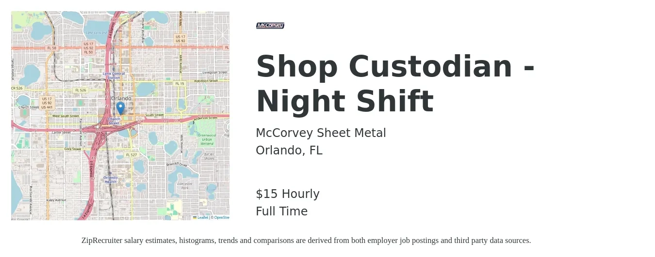 McCorvey Sheet Metal job posting for a Shop Custodian - Night Shift in Orlando, FL with a salary of $16 Hourly with a map of Orlando location.