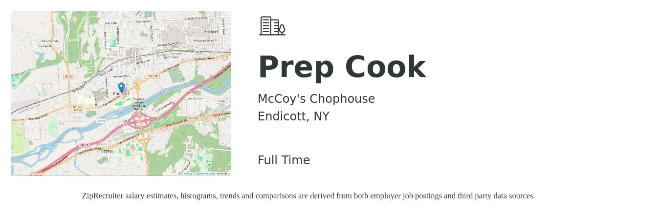 McCoy's Chophouse job posting for a Prep Cook in Endicott, NY with a salary of $14 to $17 Hourly with a map of Endicott location.