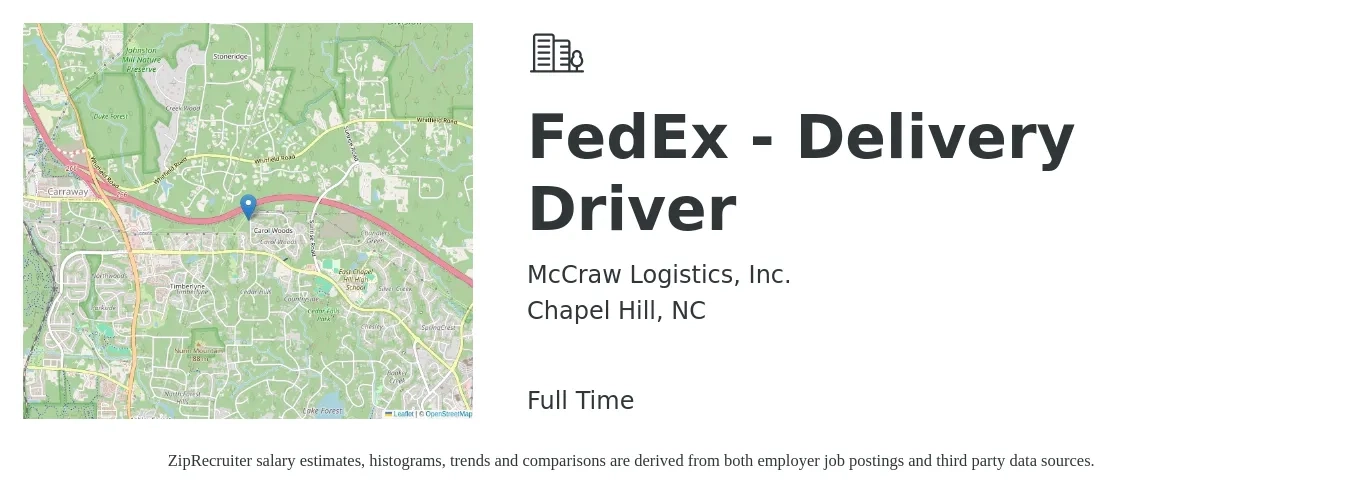 McCraw Logistics, Inc. job posting for a FedEx - Delivery Driver in Chapel Hill, NC with a salary of $150 to $180 Daily with a map of Chapel Hill location.