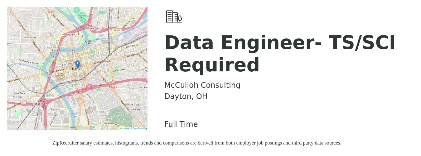 McCulloh Consulting job posting for a Data Engineer- TS/SCI Required in Dayton, OH with a salary of $111,300 to $133,600 Yearly with a map of Dayton location.