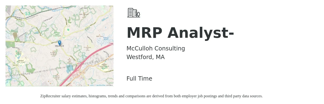 McCulloh Consulting job posting for a MRP Analyst- in Westford, MA with a salary of $28 to $34 Hourly with a map of Westford location.