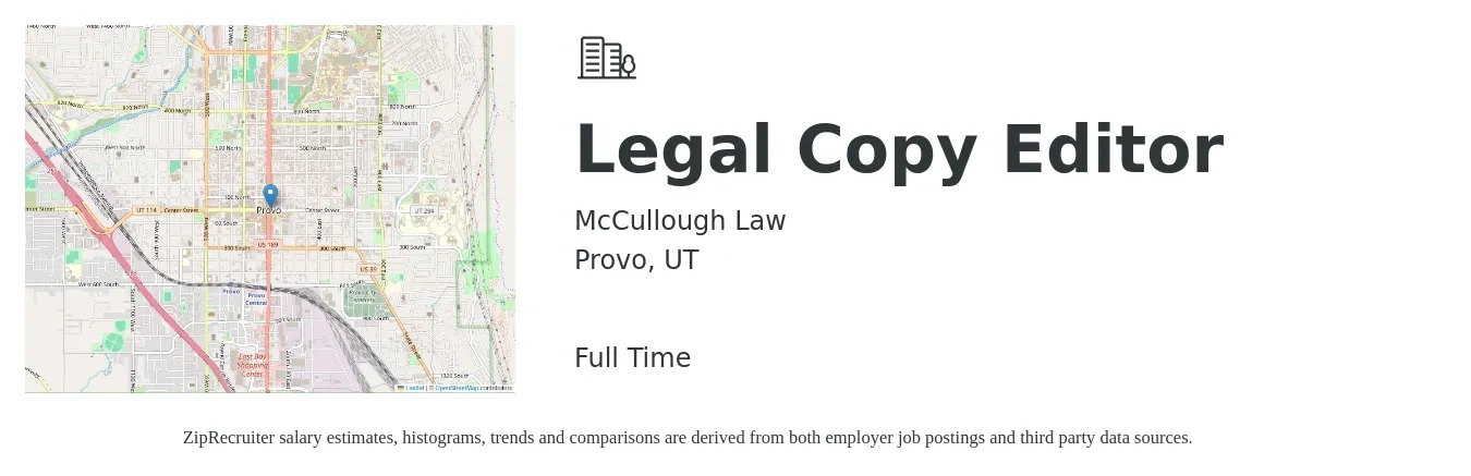 McCullough Law job posting for a Legal Copy Editor in Provo, UT with a salary of $39,520 to $55,500 Yearly with a map of Provo location.