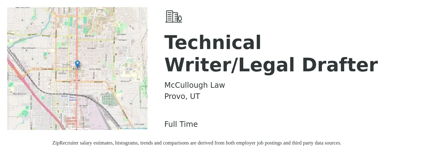 McCullough Law job posting for a Technical Writer/Legal Drafter in Provo, UT with a salary of $28 to $46 Hourly with a map of Provo location.