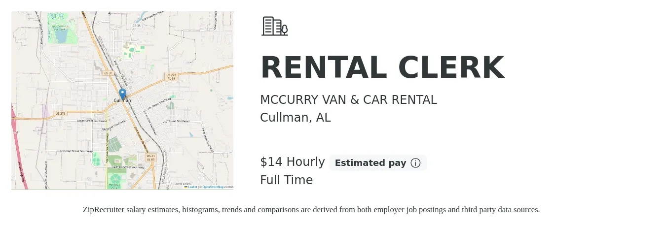 MCCURRY VAN & CAR RENTAL job posting for a RENTAL CLERK in Cullman, AL with a salary of $15 Hourly with a map of Cullman location.