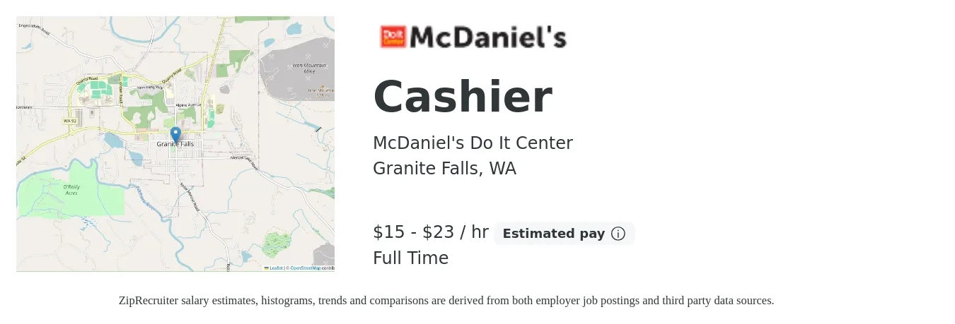 McDaniel's Do It Center job posting for a Cashier in Granite Falls, WA with a salary of $16 to $24 Hourly with a map of Granite Falls location.