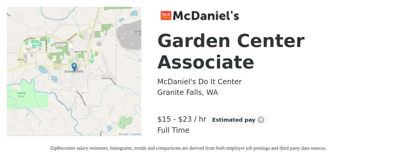 McDaniel's Do It Center job posting for a Garden Center Associate in Granite Falls, WA with a salary of $16 to $24 Hourly with a map of Granite Falls location.