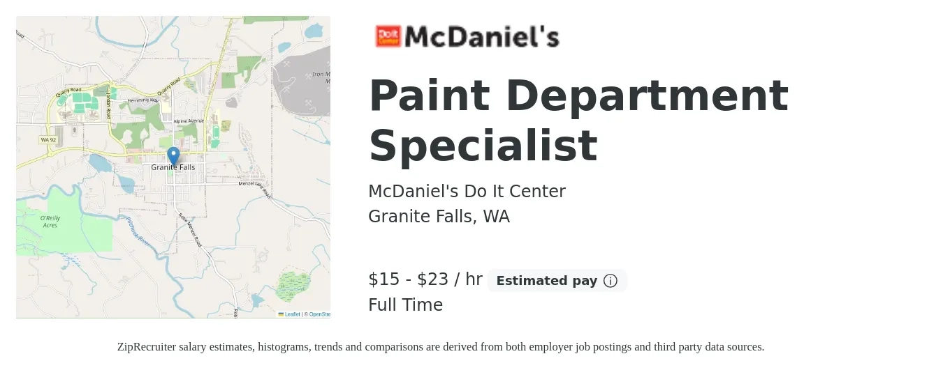 McDaniel's Do It Center job posting for a Paint Department Specialist in Granite Falls, WA with a salary of $16 to $24 Hourly with a map of Granite Falls location.