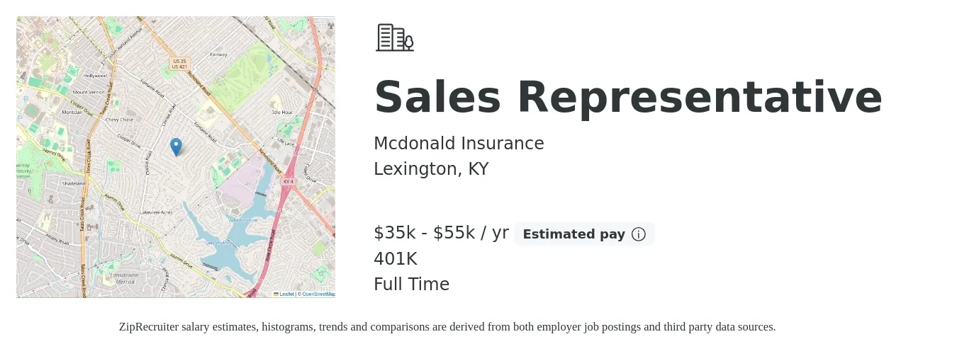 Mcdonald Insurance job posting for a Sales Representative in Lexington, KY with a salary of $35,000 to $55,000 Yearly (plus commission) and benefits including 401k, and life_insurance with a map of Lexington location.