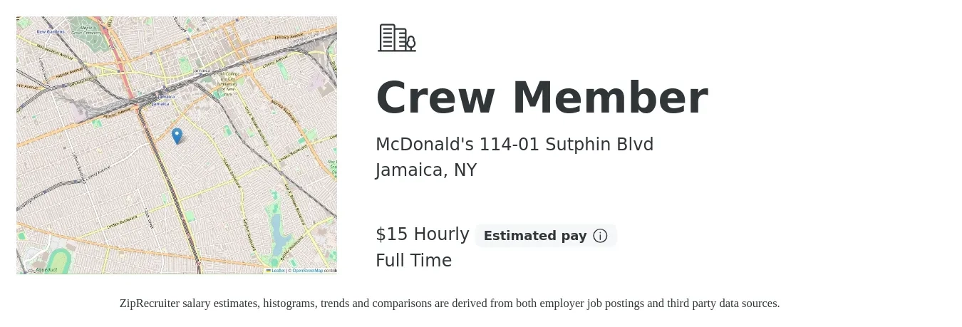 McDonald's 114-01 Sutphin Blvd job posting for a Crew Member in Jamaica, NY with a salary of $16 Hourly with a map of Jamaica location.