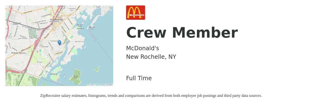 McDonald's job posting for a Crew Member in New Rochelle, NY with a salary of $12 to $16 Hourly with a map of New Rochelle location.
