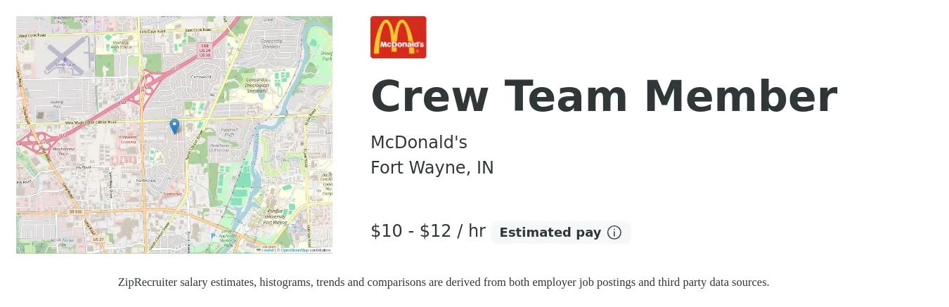 McDonald's job posting for a Crew Team Member in Fort Wayne, IN with a salary of $11 to $13 Hourly with a map of Fort Wayne location.