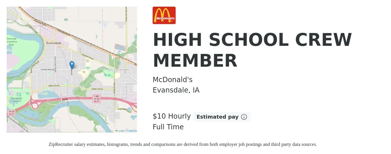 McDonald's job posting for a HIGH SCHOOL CREW MEMBER in Evansdale, IA with a salary of $11 Hourly with a map of Evansdale location.