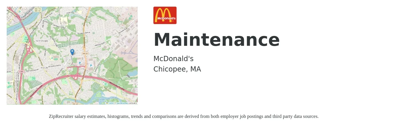 McDonald's job posting for a Maintenance in Chicopee, MA with a salary of $18 to $24 Hourly with a map of Chicopee location.