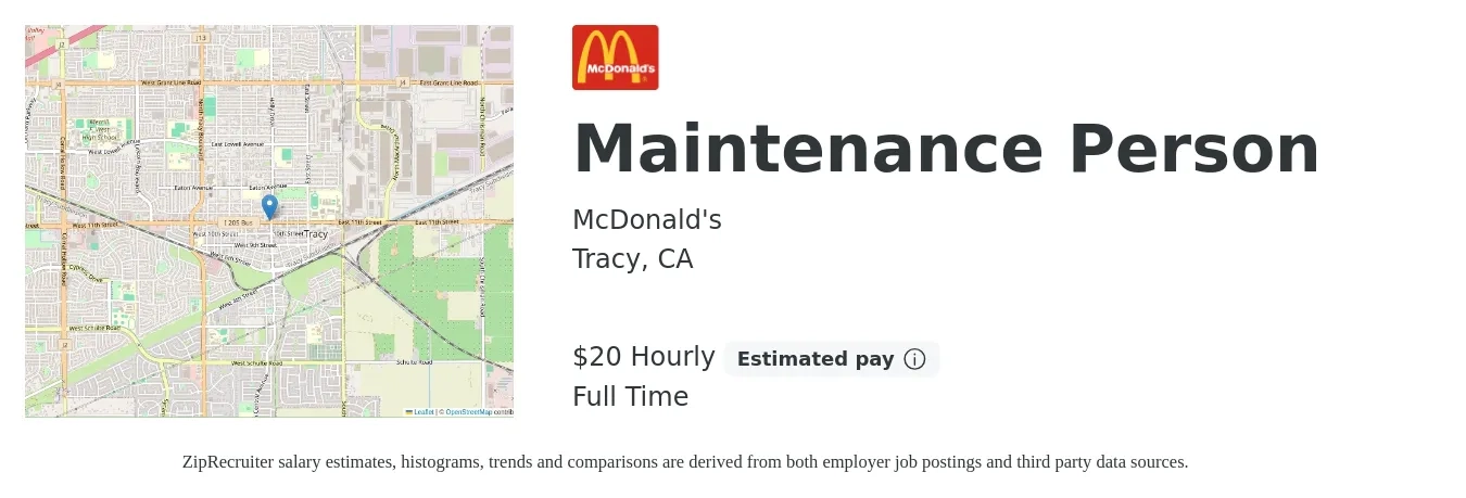 McDonald's job posting for a Maintenance Person in Tracy, CA with a salary of $21 Hourly with a map of Tracy location.