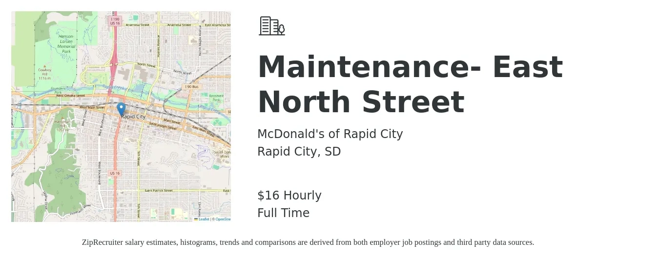 McDonald's of Rapid City job posting for a Maintenance- East North Street in Rapid City, SD with a salary of $17 Hourly with a map of Rapid City location.