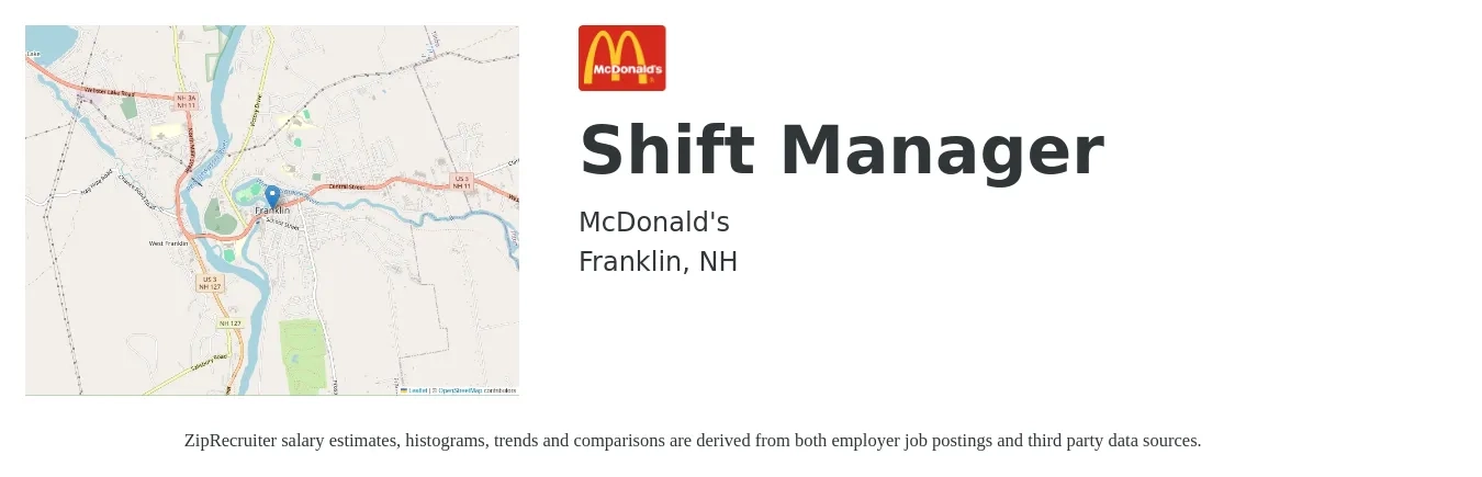 McDonald's job posting for a Shift Manager in Franklin, NH with a salary of $16 to $20 Hourly with a map of Franklin location.