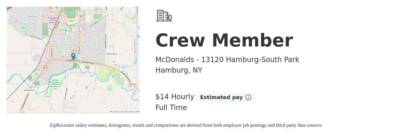 McDonalds - 13120 Hamburg-South Park job posting for a Crew Member in Hamburg, NY with a salary of $11 to $15 Hourly with a map of Hamburg location.