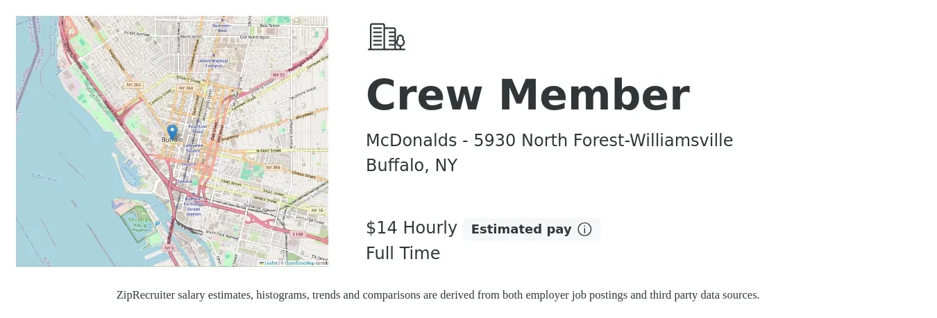 McDonalds - 5930 North Forest-Williamsville job posting for a Crew Member in Buffalo, NY with a salary of $16 Hourly with a map of Buffalo location.