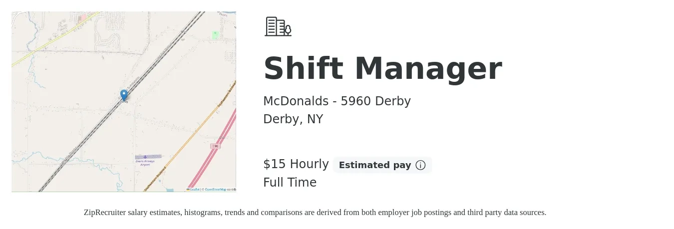 McDonalds - 5960 Derby job posting for a Shift Manager in Derby, NY with a salary of $16 to $18 Hourly with a map of Derby location.