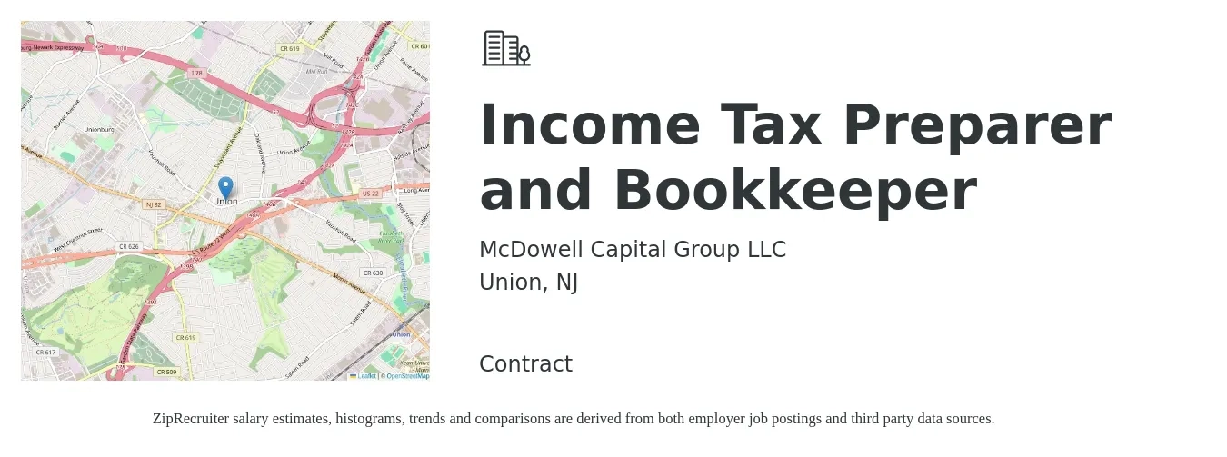 McDowell Capital Group LLC job posting for a Income Tax Preparer and Bookkeeper in Union, NJ with a salary of $14 to $20 Hourly with a map of Union location.