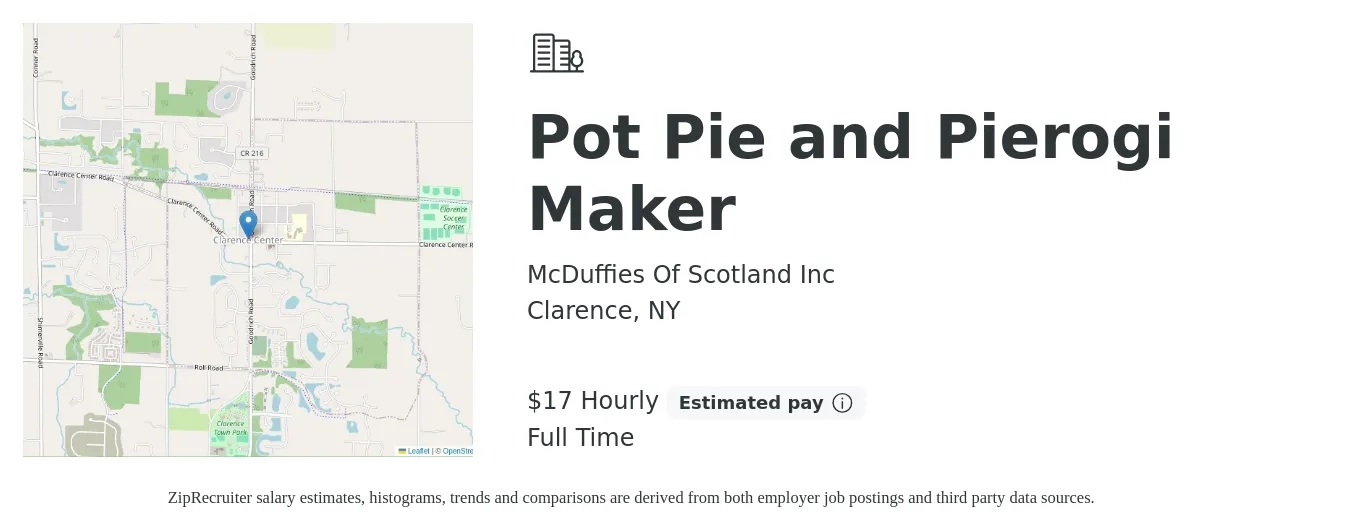 McDuffies Of Scotland Inc job posting for a Pot Pie and Pierogi Maker in Clarence, NY with a salary of $18 Hourly and benefits including pto with a map of Clarence location.