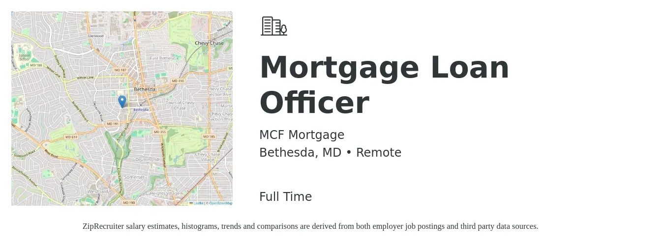 MCF Mortgage job posting for a Mortgage Loan Officer in Bethesda, MD with a salary of $55,700 to $107,000 Yearly with a map of Bethesda location.