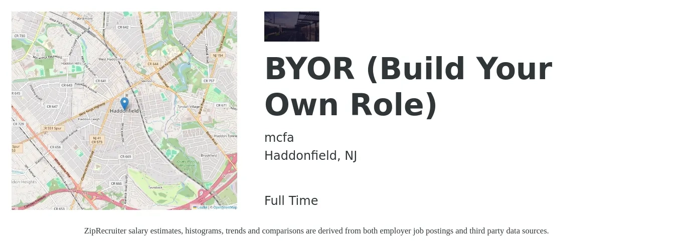 mcfa job posting for a BYOR (Build Your Own Role) in Haddonfield, NJ with a salary of $48,200 to $92,000 Yearly with a map of Haddonfield location.