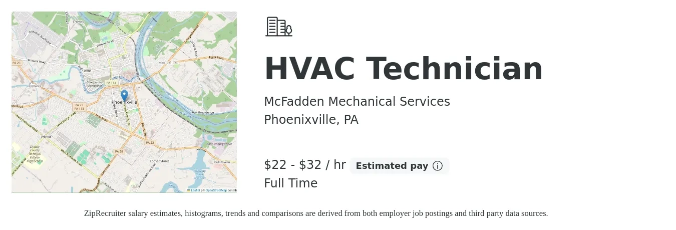 McFadden Mechanical Services job posting for a HVAC Technician in Phoenixville, PA with a salary of $23 to $34 Hourly with a map of Phoenixville location.
