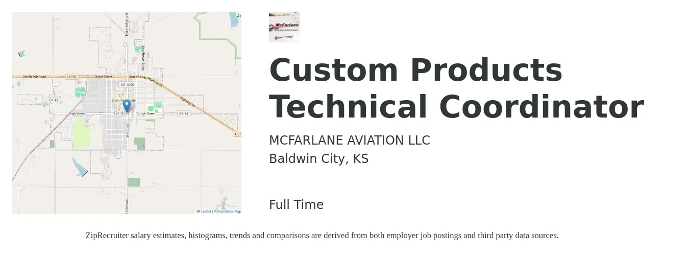 MCFARLANE AVIATION LLC job posting for a Custom Products Technical Coordinator in Baldwin City, KS with a salary of $40,800 to $63,600 Yearly with a map of Baldwin City location.