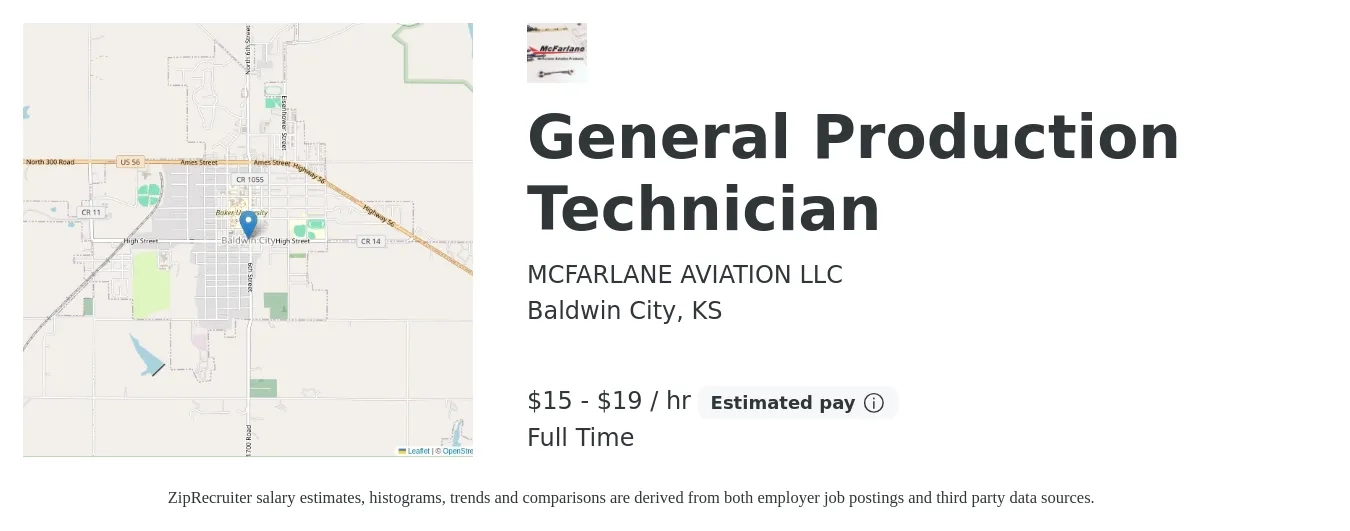 MCFARLANE AVIATION LLC job posting for a General Production Technician in Baldwin City, KS with a salary of $16 to $20 Hourly with a map of Baldwin City location.
