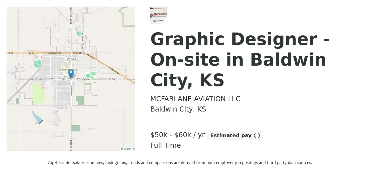 MCFARLANE AVIATION LLC job posting for a Graphic Designer - On-site in Baldwin City, KS in Baldwin City, KS with a salary of $50,000 to $60,000 Yearly with a map of Baldwin City location.