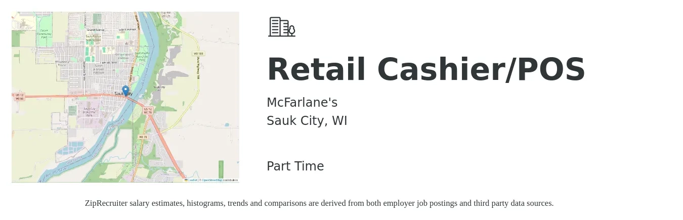 McFarlane's job posting for a Retail Cashier/POS in Sauk City, WI with a salary of $13 to $17 Hourly with a map of Sauk City location.