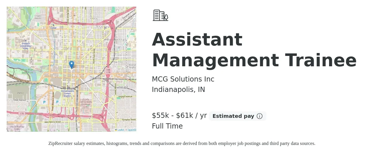MCG Solutions Inc job posting for a Assistant Management Trainee in Indianapolis, IN with a salary of $40,100 to $46,400 Yearly with a map of Indianapolis location.