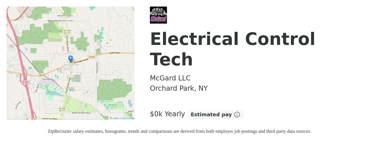 McGard LLC job posting for a Electrical Control Tech in Orchard Park, NY with a salary of $28 to $40 Yearly with a map of Orchard Park location.