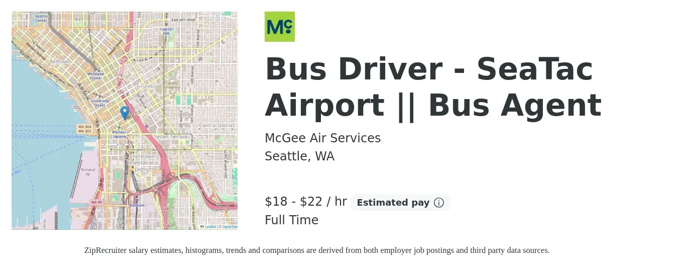 McGee Air Services job posting for a Bus Driver - SeaTac Airport || Bus Agent in Seattle, WA with a salary of $20 to $24 Hourly with a map of Seattle location.