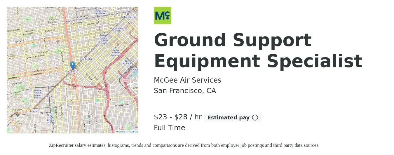 McGee Air Services job posting for a Ground Support Equipment Specialist in San Francisco, CA with a salary of $24 to $29 Hourly with a map of San Francisco location.